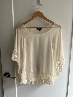 Express Ivory Lace-Trim Sheer Tunic Top